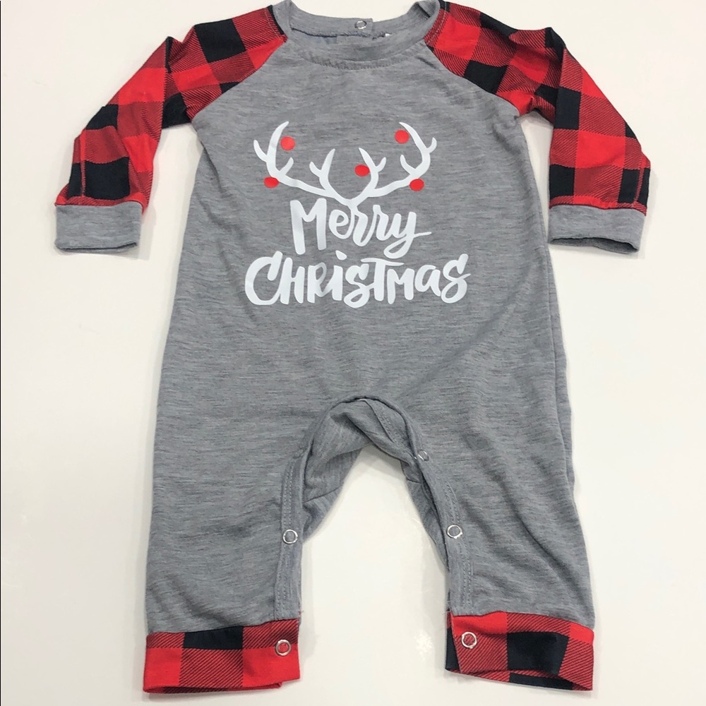 Infant Christmas Onesie – Size 3–6 Months – Heather Grey & Red/Black Check